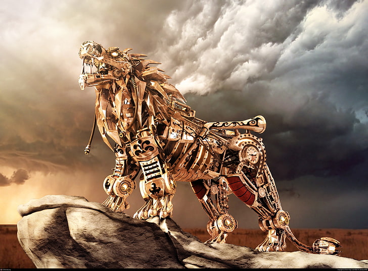 lion, mechanical, robot, steampunk