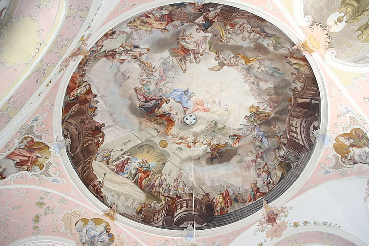 cathedral, ceiling, church, circle, couple, gold, painted ceiling