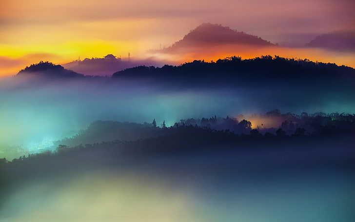 landscape, mist, lights, Asia, nature, scenics - nature, beauty in nature, HD wallpaper