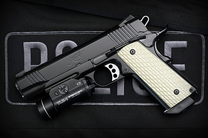 black and white semi-automatic pistol, gun, Kimber Warrior