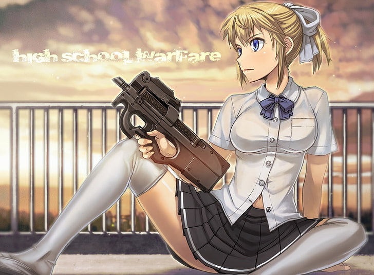weapon, anime, anime girls, short skirt, FN P90, knee-highs