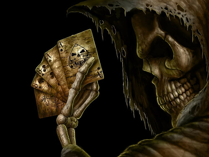 death, skull, cards, fantasy art, cape, skeleton, poker, black background, HD wallpaper