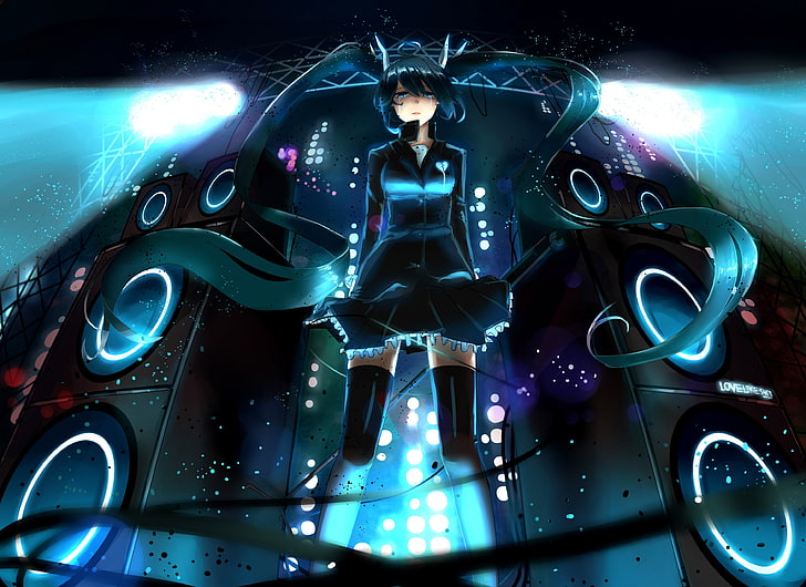 Vocaloid, Hatsune Miku, twintails, thigh-highs, technology, HD wallpaper
