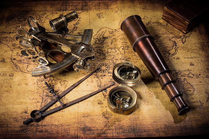 map, pipe, box, treasures, compass, old, telescope, party, sextant, HD wallpaper