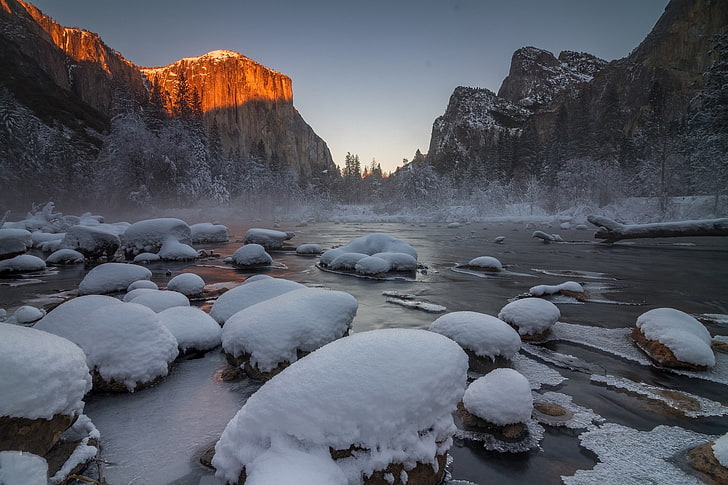 landscape, trees, winter, Yosemite National Park, snow, river