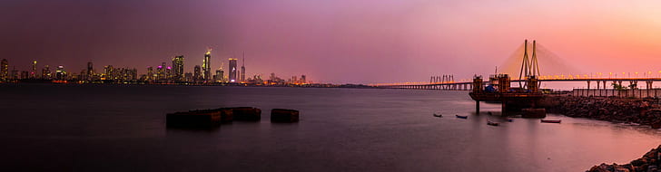 body of water,bridge, and city view during sunset, bandra, worli, bandra, worli, HD wallpaper