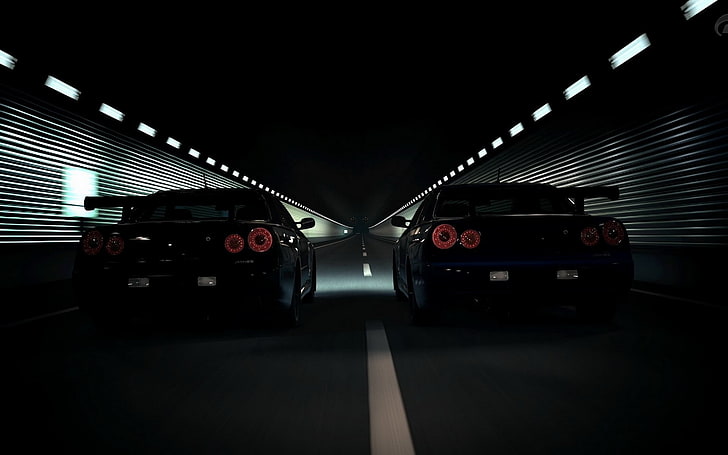 two black cars, Nissan GT-R, road, tunnel, vehicle, motor vehicle
