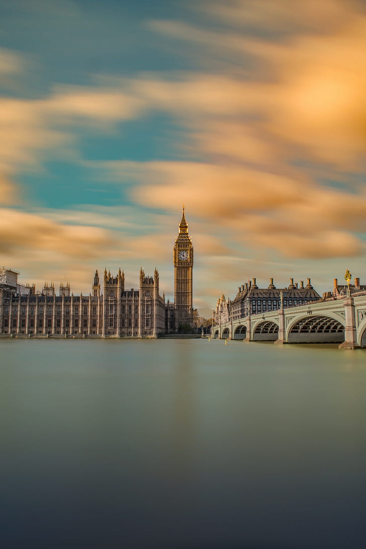 London, UK, Big Ben, bridge, architecture, clouds, Kingdom