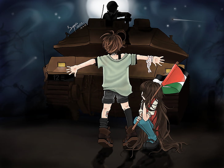 Palestine, caricature, tank, children, flag, real people, full length