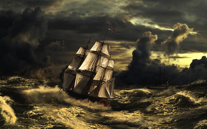 sailing ship illustration, sea, wave, the sky, clouds, storm