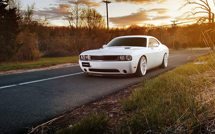 car, Dodge, Dodge Challenger, Dodge Challenger SRT, road, sunset, HD wallpaper