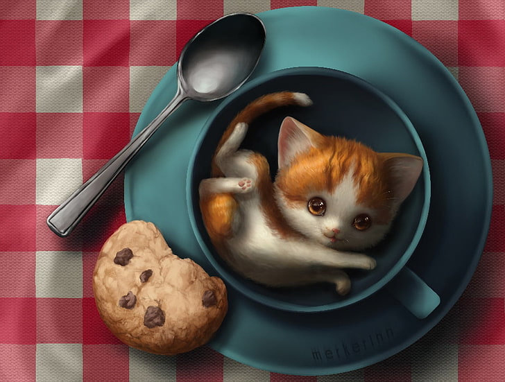cat, cookies, drawing, illustration, humor, Malwina Kwiatkowska, HD wallpaper