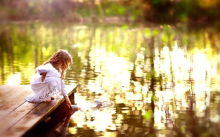 photography, children, depth of field, lake, water, reflection, HD wallpaper