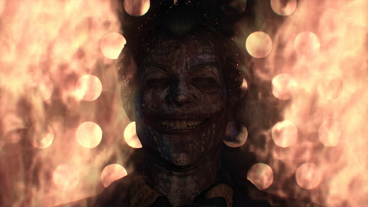 Joker from Batman Arkham Knight video game scene, portrait, looking at camera
