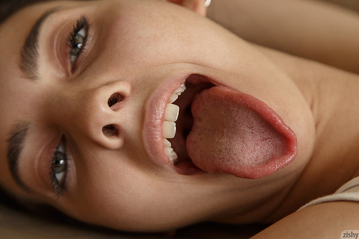 teeth, open mouth, zishy, smiling, tongue out, women, model