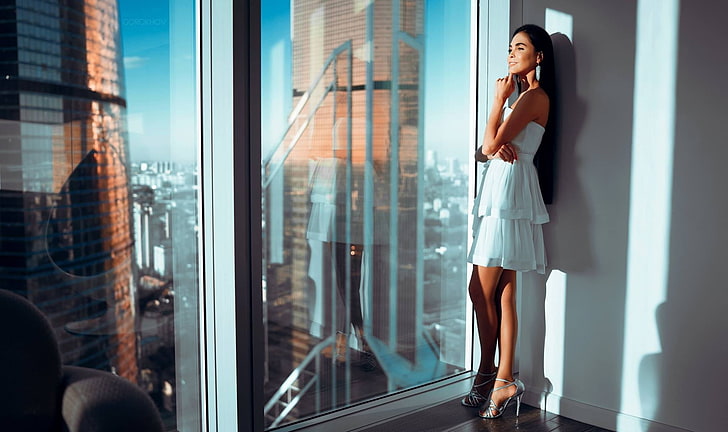 women, model, Ivan Gorokhov, cityscape, legs, high heels, window