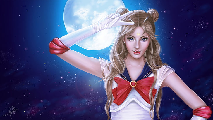 fantasy art, Moon, fantasy girl, artwork, Sailor Moon, hair, HD wallpaper