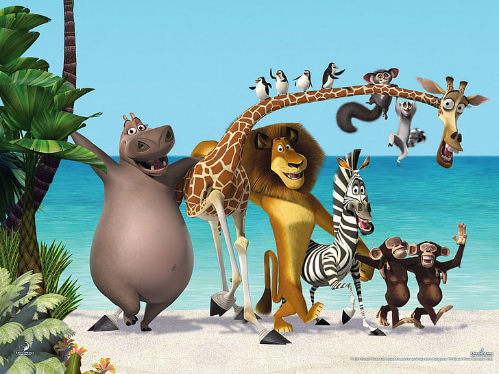Madagascar poster, sea, palm trees, cartoon, Leo, penguins, giraffe