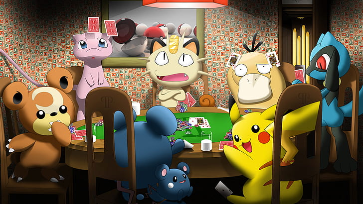 Pokemon Poker Pikachu Marill Azurill Teddiursa Mew Meowth Psyduck Riolu Poke Ball HD, HD wallpaper