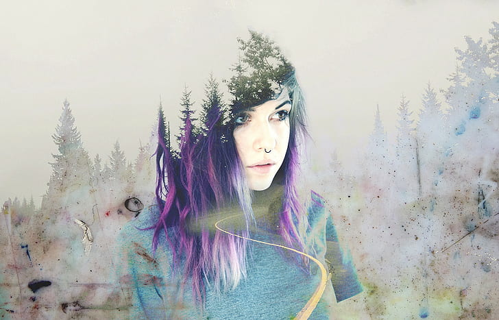 women, dyed hair, double exposure, nose rings, purple hair