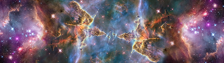 galaxy illustration, space, stars, nebula, multiple display, panoramic