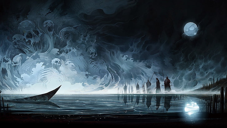 people standing on shore near boat on water wallpaper, artwork