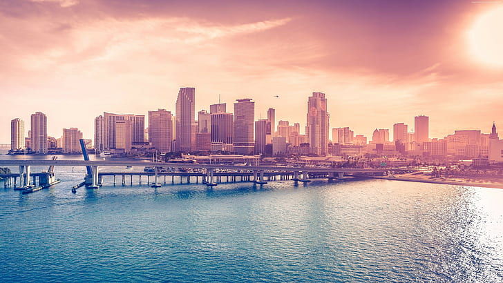 city, bridge, bay, Miami, HD wallpaper