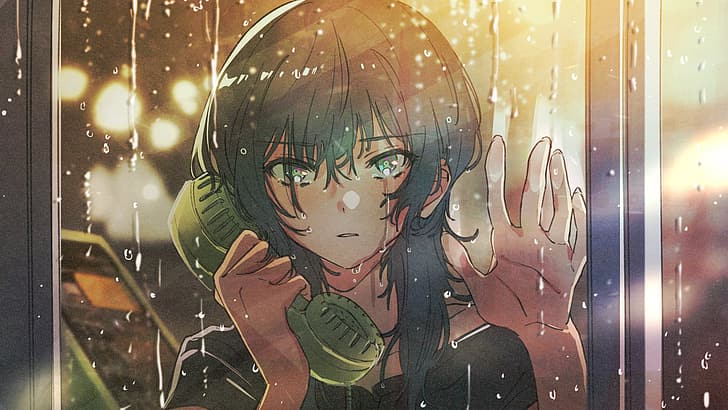 anime, anime girls, rain, crying, phone box, black hair, green eyes