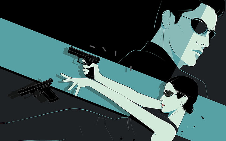 woman holding pistol wallpaper, weapons, art, glasses, matrix