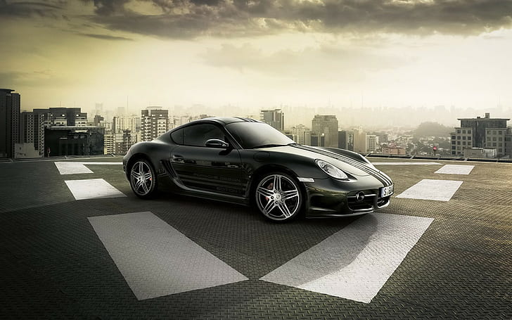car, Porsche, vehicle, Porsche Cayman S, black cars, cityscape, HD wallpaper