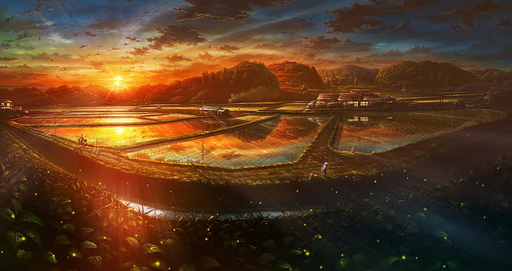 Hd Wallpaper Anime Landscape Village Rice Sunset Wallpaper
