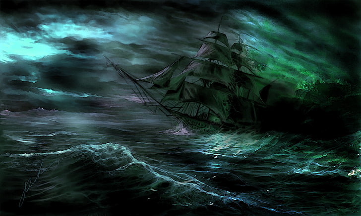 white galleon on sea illustration, Ghost ship, Davydov Victor