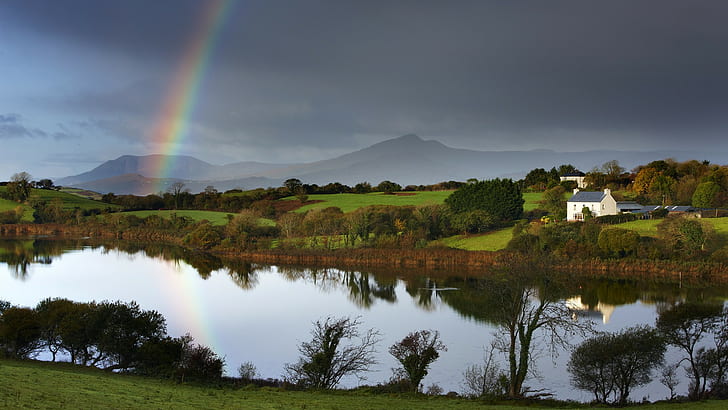 Ireland, Rainbow, Landscape, River, Houses, Hills, HD wallpaper