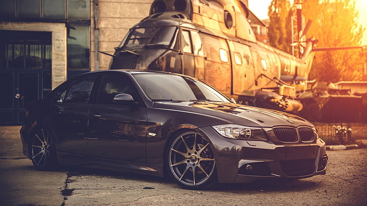 gray BMW sedan, car, sunset, helicopters, bmw serie 3, BMW E90, HD wallpaper