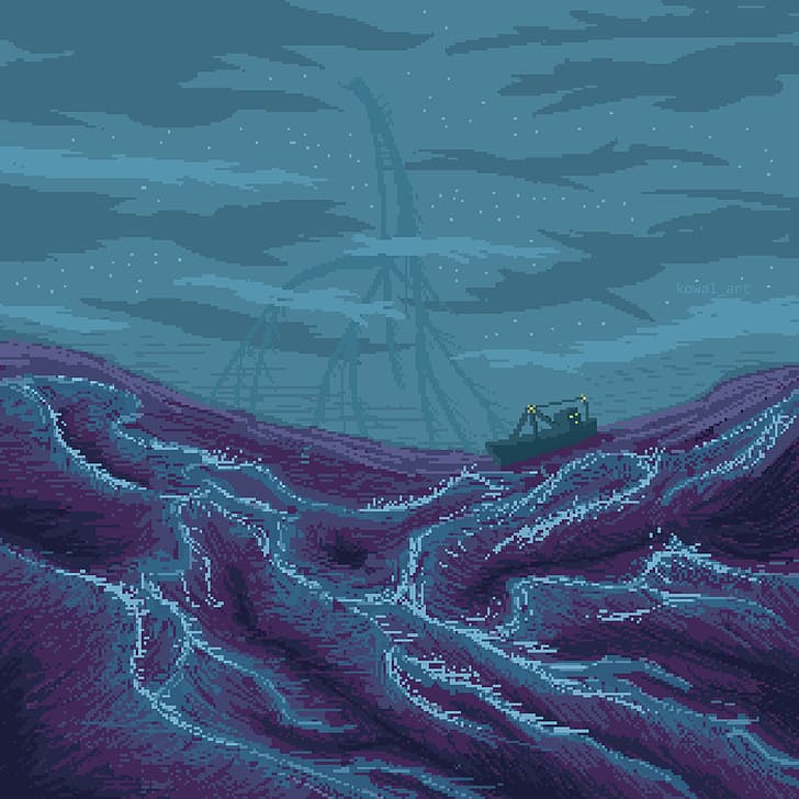 dark, water, ocean battle, demon, pixel art, KowalArt