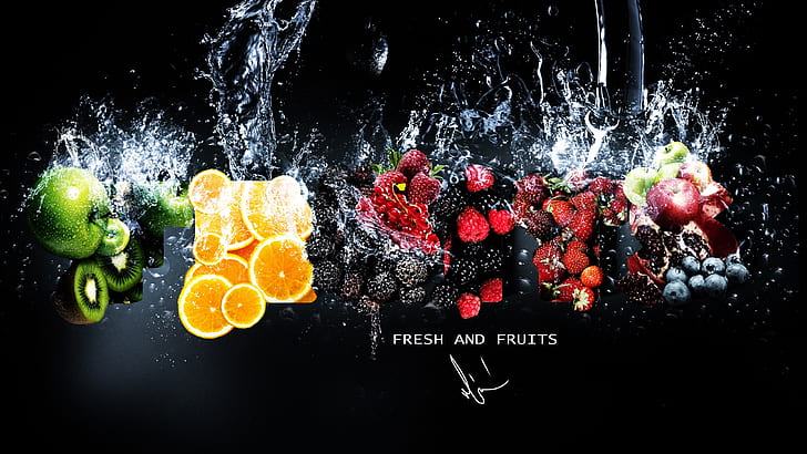 Fresh Fruits in Water, limes, blueberries, apples, kiwi, HD wallpaper