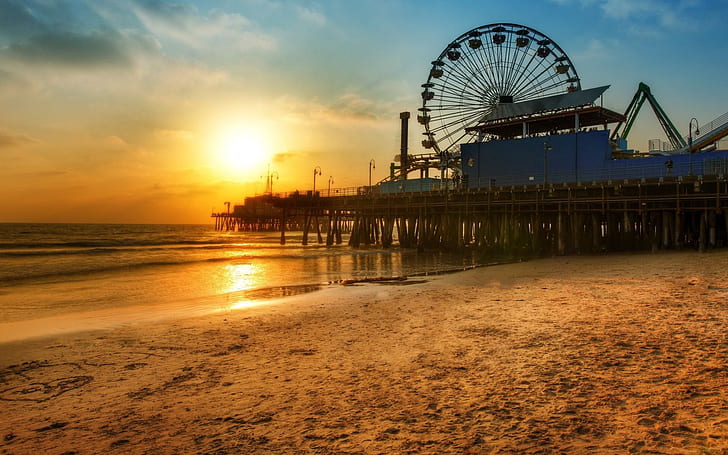 Los Angeles dock Ferris wheel, Beach sunset, orange sunset, HD wallpaper
