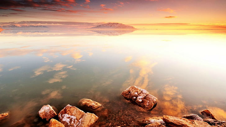 nature, landscape, photography, sea, sunset, rock, water, reflection, HD wallpaper