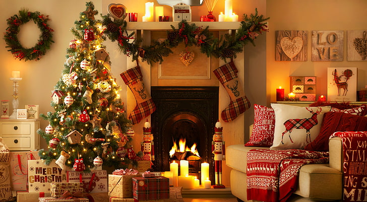 Christmas tree and fireplace heater, love, lights, heart, interior, HD wallpaper