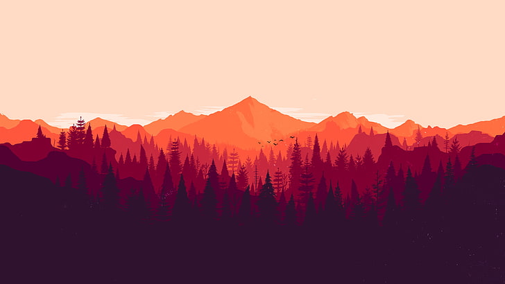 orange, red, forest, minimalism, Firewatch, pine trees