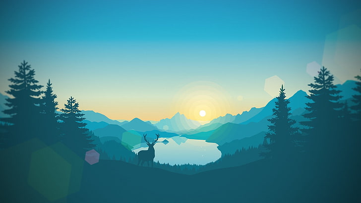 lake in between mountains illustration, deer, trees, artwork