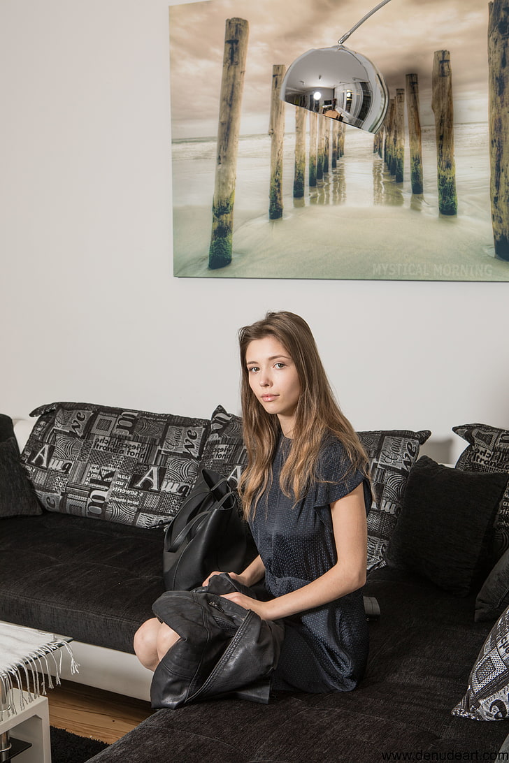 Mila Azul, model, Met-Art, leather jackets, sitting, looking at viewer, HD wallpaper