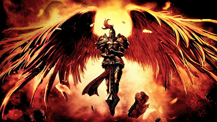 armored soldier with wings poster, Kayle, League of Legends, nature, HD wallpaper