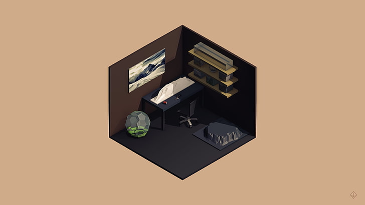 house interior illustration, low poly, isometric, 3D, beige, vector