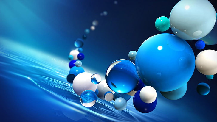 balls, orb, marbles, water, 3d, art, digital, blue, multi colored, HD wallpaper