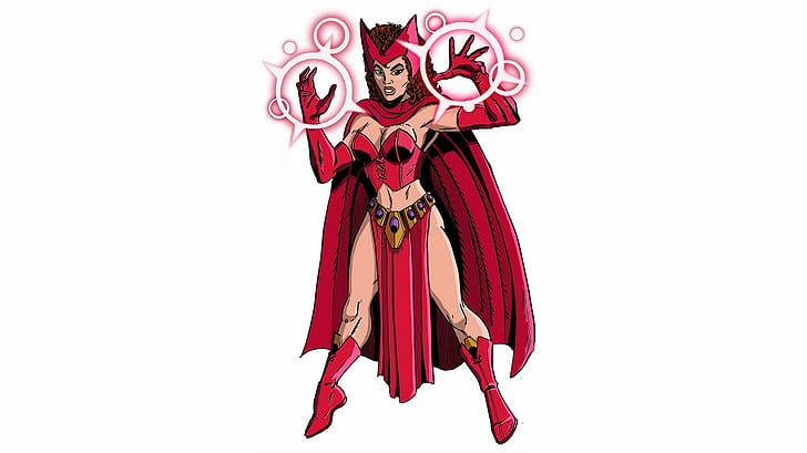 scarlet witch, red, white background, studio shot, indoors