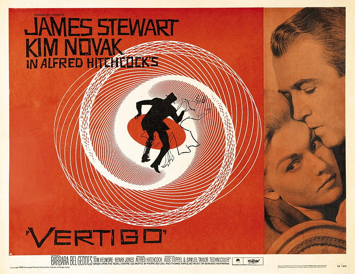 Film posters, Vertigo, James Stewart, Kim Novak, Alfred Hitchcock