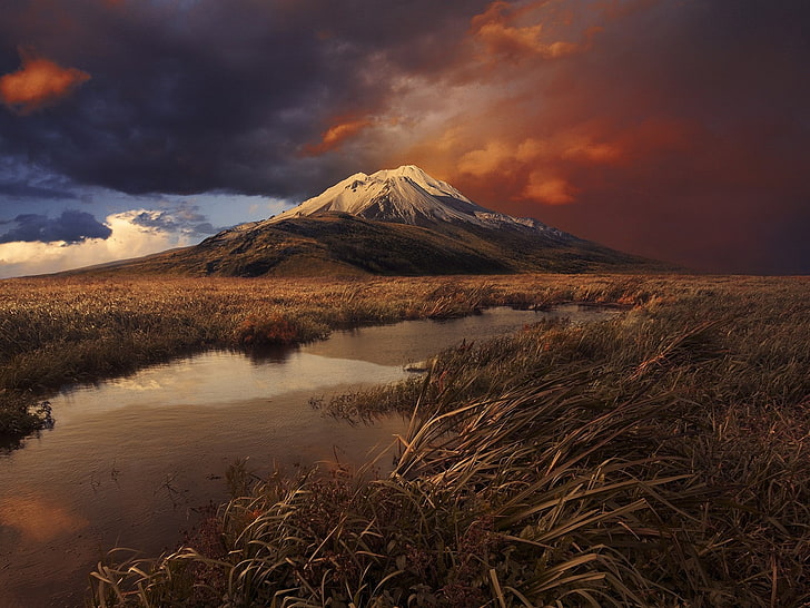 mountains, river, clouds, sunset, grass, snowy peak, nature