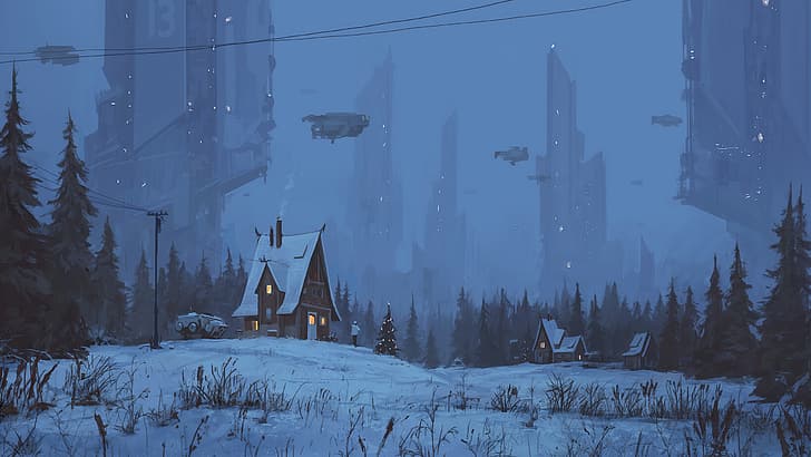 winter, Christmas, cyberpunk, science fiction, grass, snow