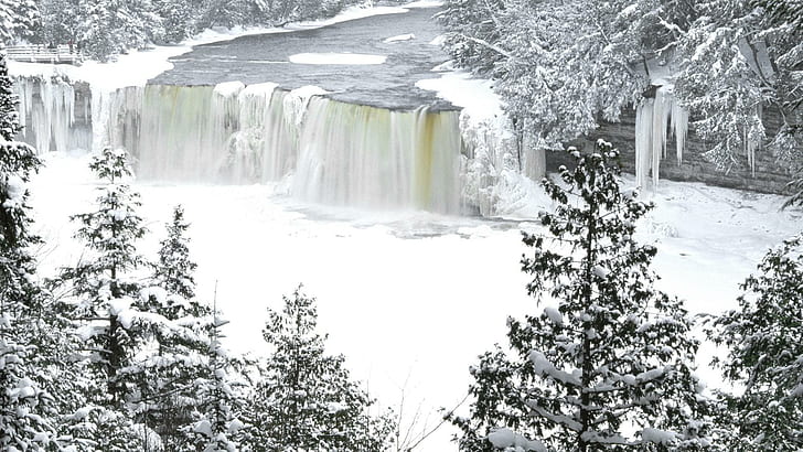 Frozen Tahquamenon Falls, white snowy river, nature, 1920x1080, HD wallpaper